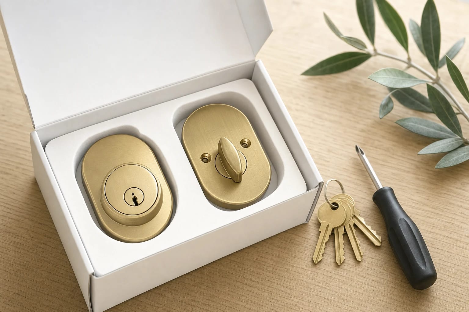 Boxed brass deadbolt with thumbturn, a ring of new keys and a screwdriver on a wooden table