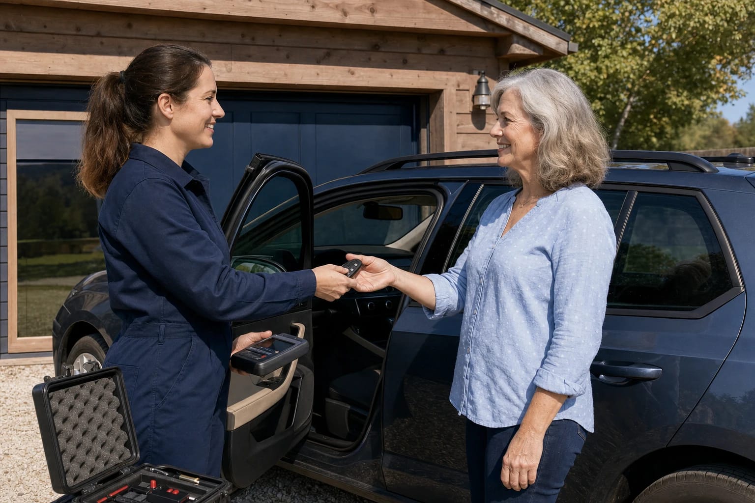 Locksmith hands a new key fob to a smiling driver beside an SUV, holding a handheld programming device