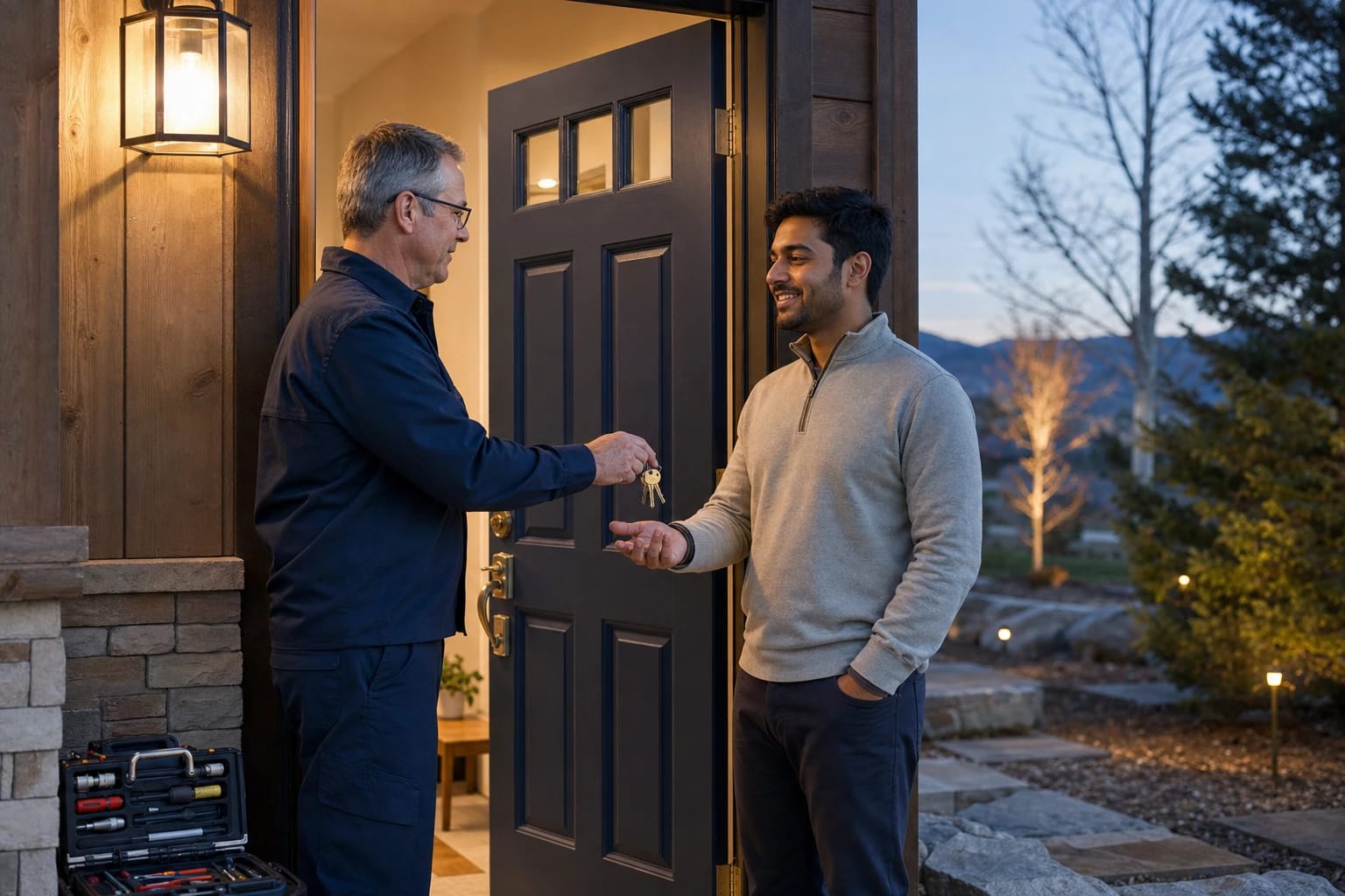Locksmith handing new keys to a homeowner at an open dark front door at dusk, with a tool case by the step