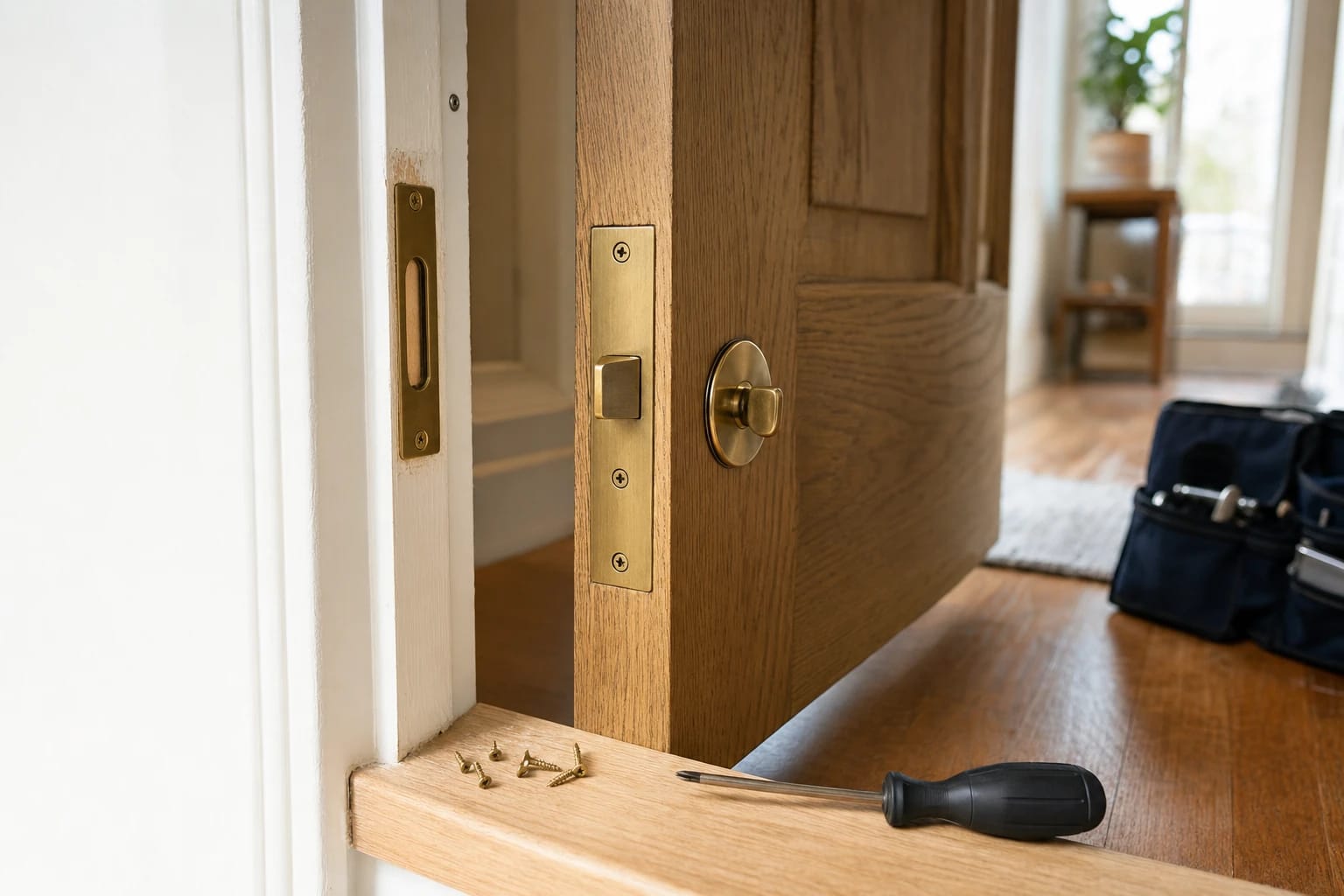 Brass deadbolt faceplate on an oak door edge beside its strike plate, with loose screws and a screwdriver on the threshold