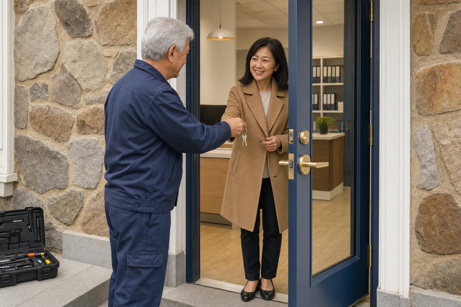 Technician in navy workwear hands a set of keys to a smiling woman at an office's blue glass entry door