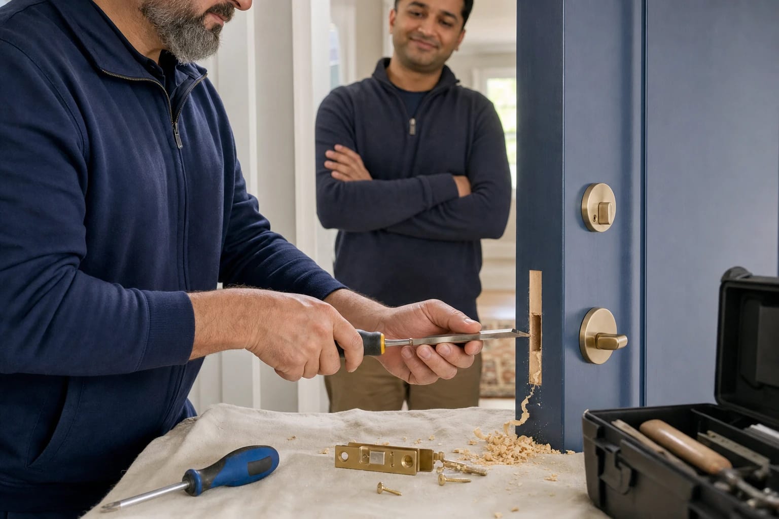 Locksmith chisels a latch mortise in a blue door edge as a homeowner watches, new brass latch on a drop cloth