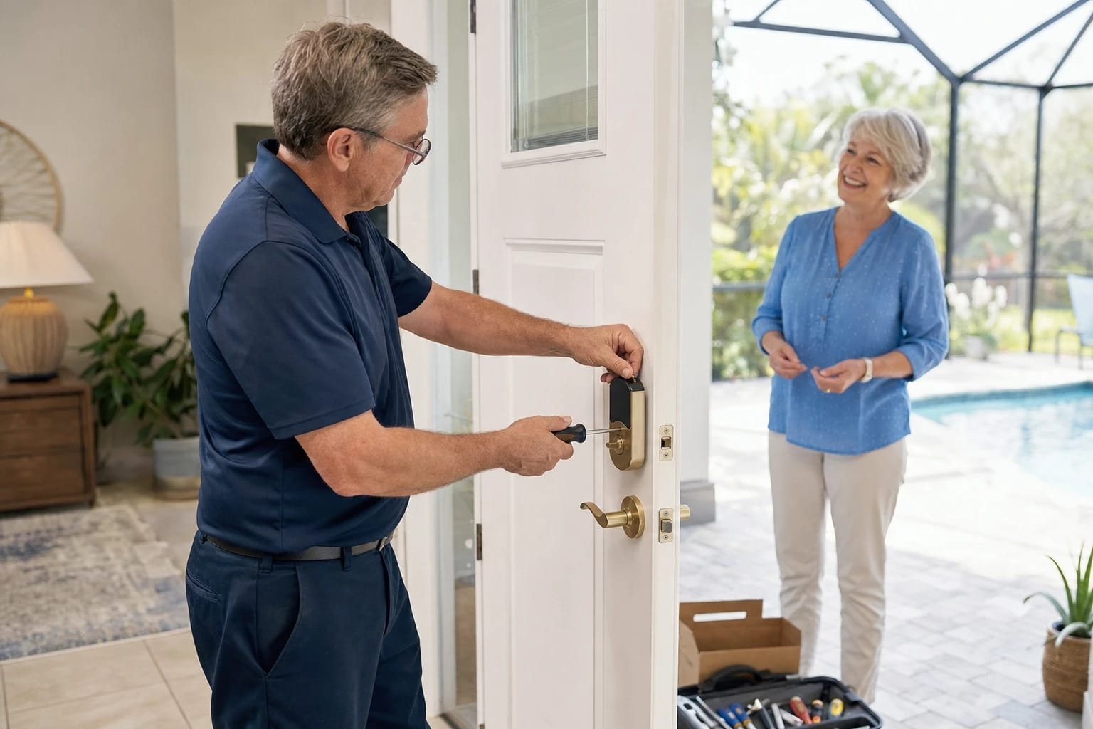 Technician uses a screwdriver to install a brass keypad deadbolt on a white door as a homeowner smiles nearby