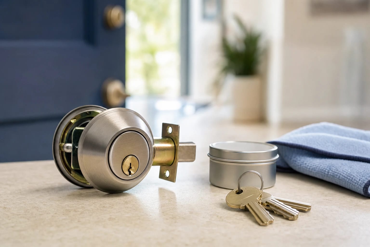 Satin nickel deadbolt with a brass keyway beside a ring of brass keys, a small tin and a blue cloth on a counter
