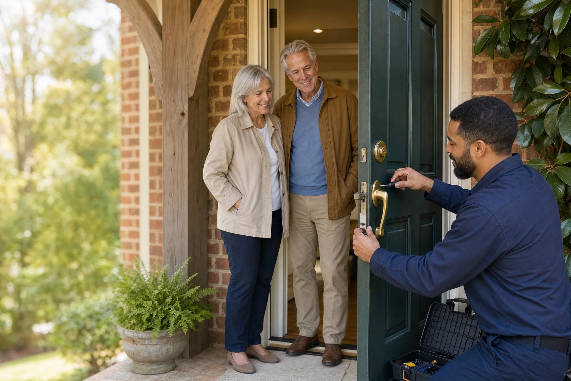 Locksmith tightens a brass handleset on a green front door as a smiling older couple watches from the entry