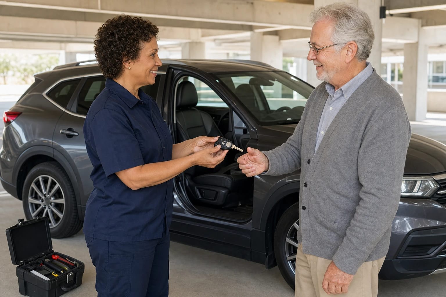Technician hands a new remote-head car key to an older man beside a gray SUV in a parking garage