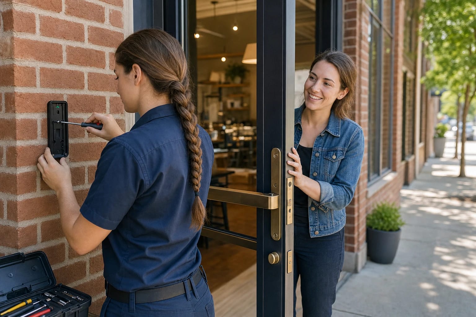 Locksmith mounts an access control reader on a brick storefront wall as the shop owner holds the glass door open