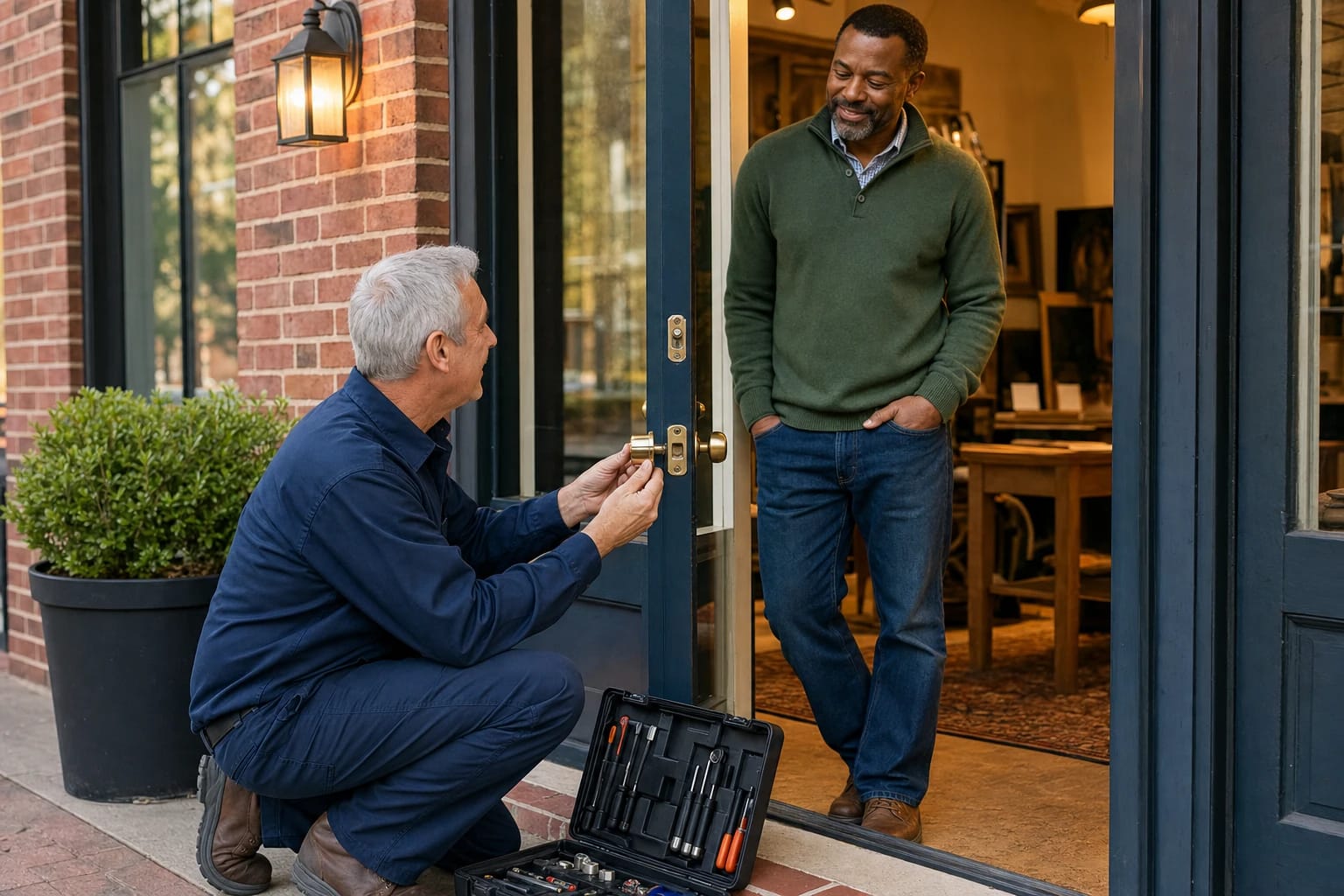Locksmith installing a brass knob on a navy shop door at dusk while the owner watches from inside
