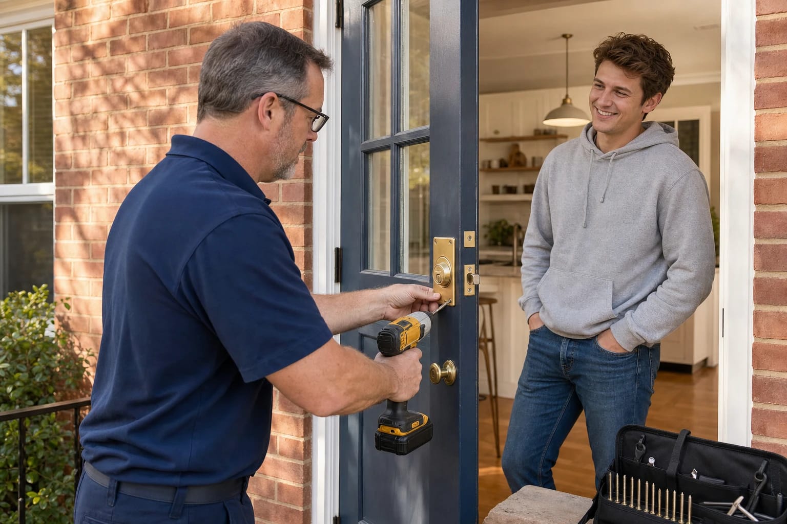 Locksmith using a cordless drill on a brass deadbolt plate of a navy door while a young man watches