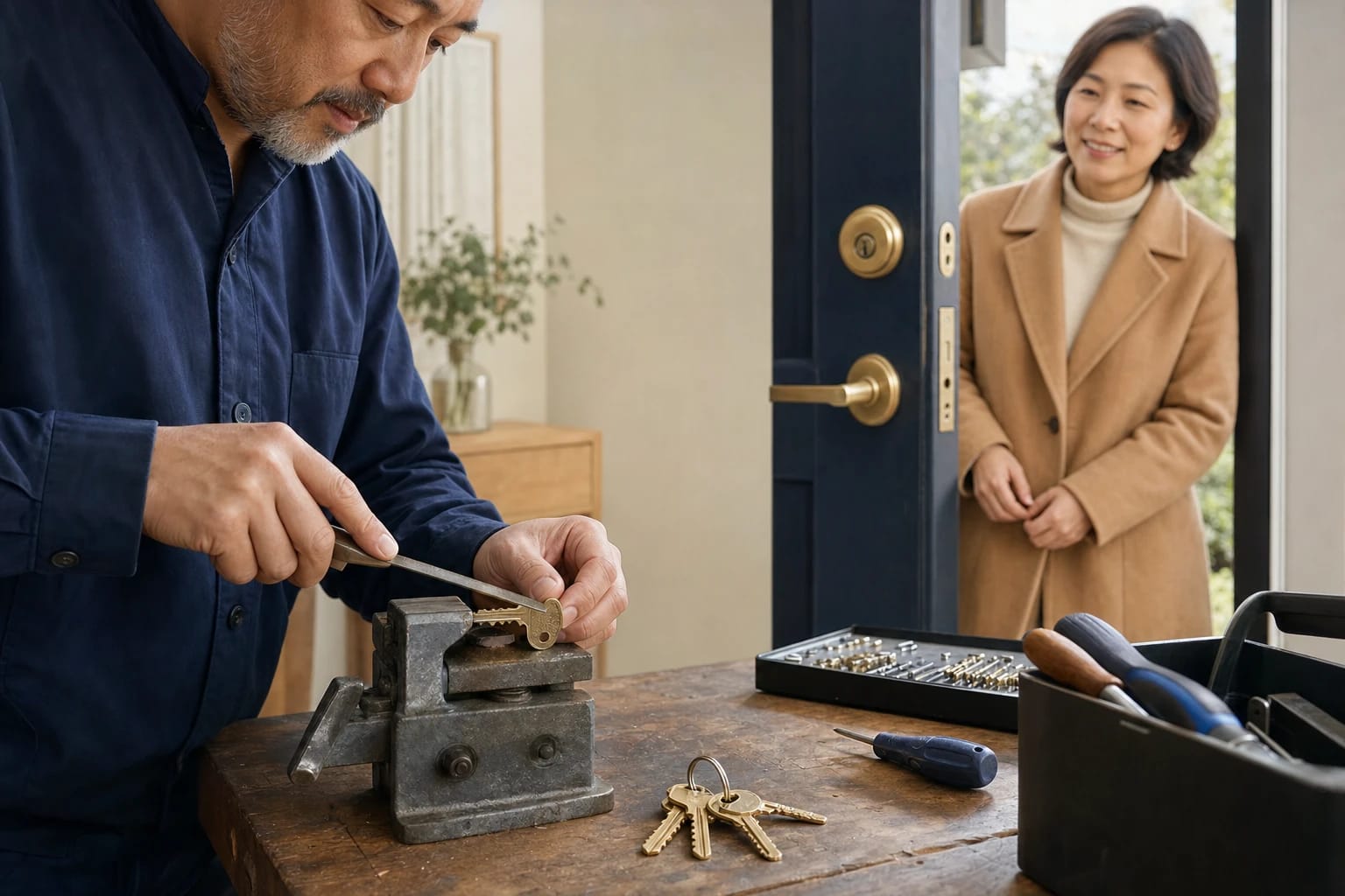 Locksmith files a brass key held in a bench vise while a homeowner in a camel coat watches from the doorway