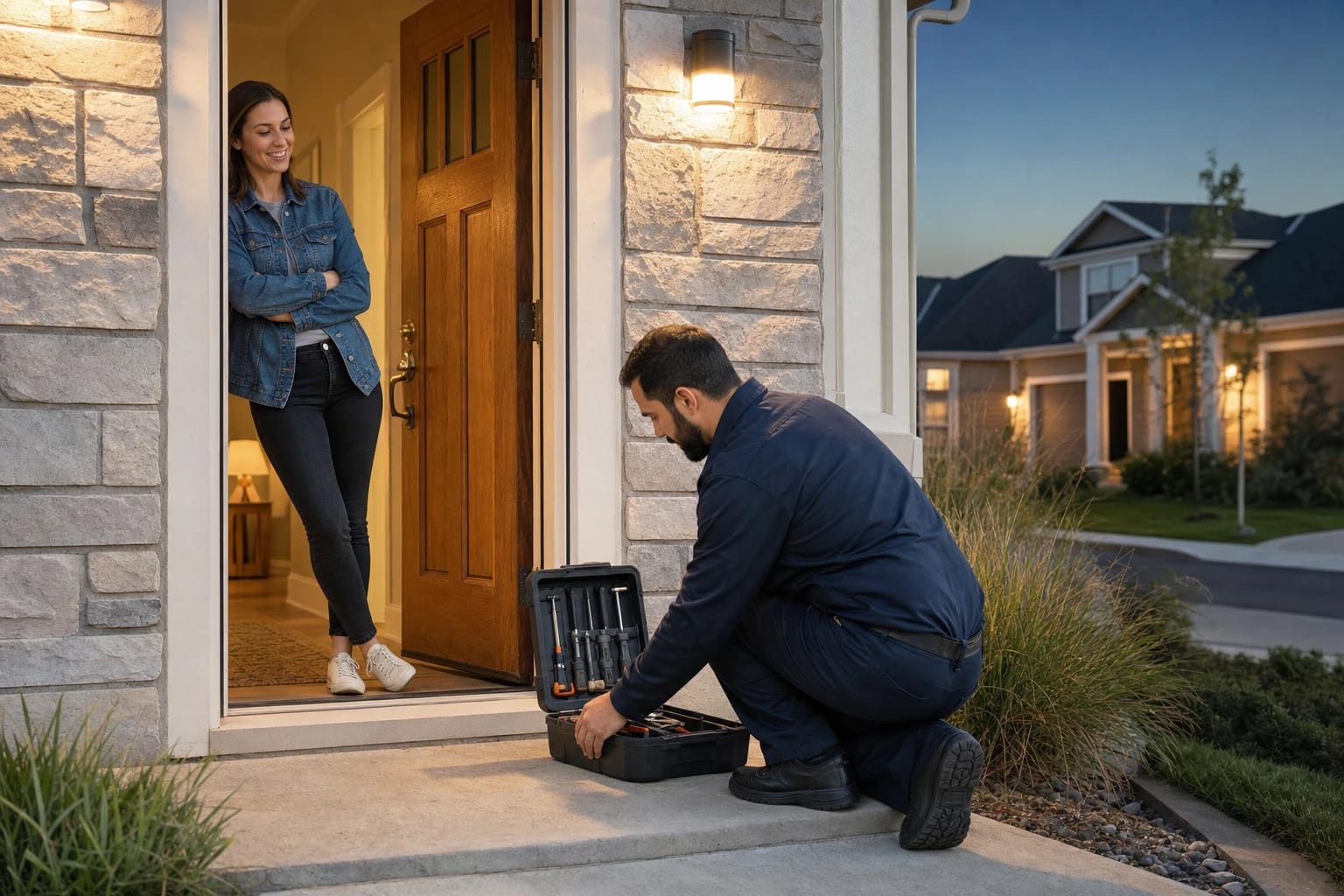 Locksmith opening a tool case at a stone-clad front entry at dusk while the homeowner waits in the doorway