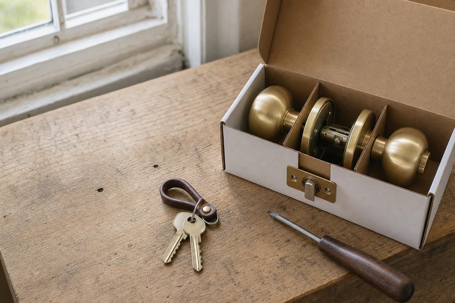 Boxed brass knob lockset with two keys on a leather fob and a screwdriver on a wooden table