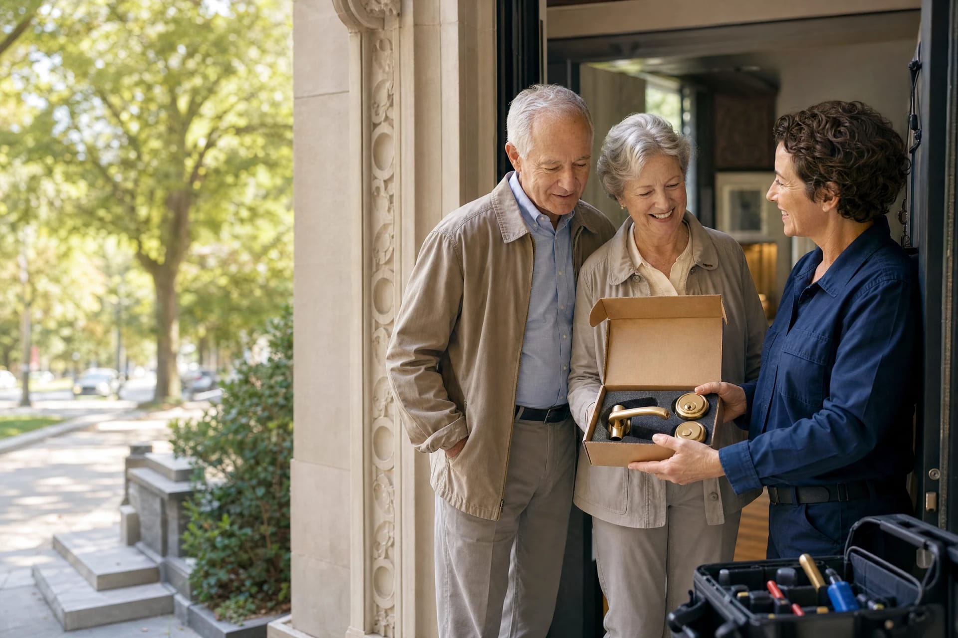 Locksmith in navy workwear shows a smiling older couple a boxed brass lever handle and deadbolt at a front doorway
