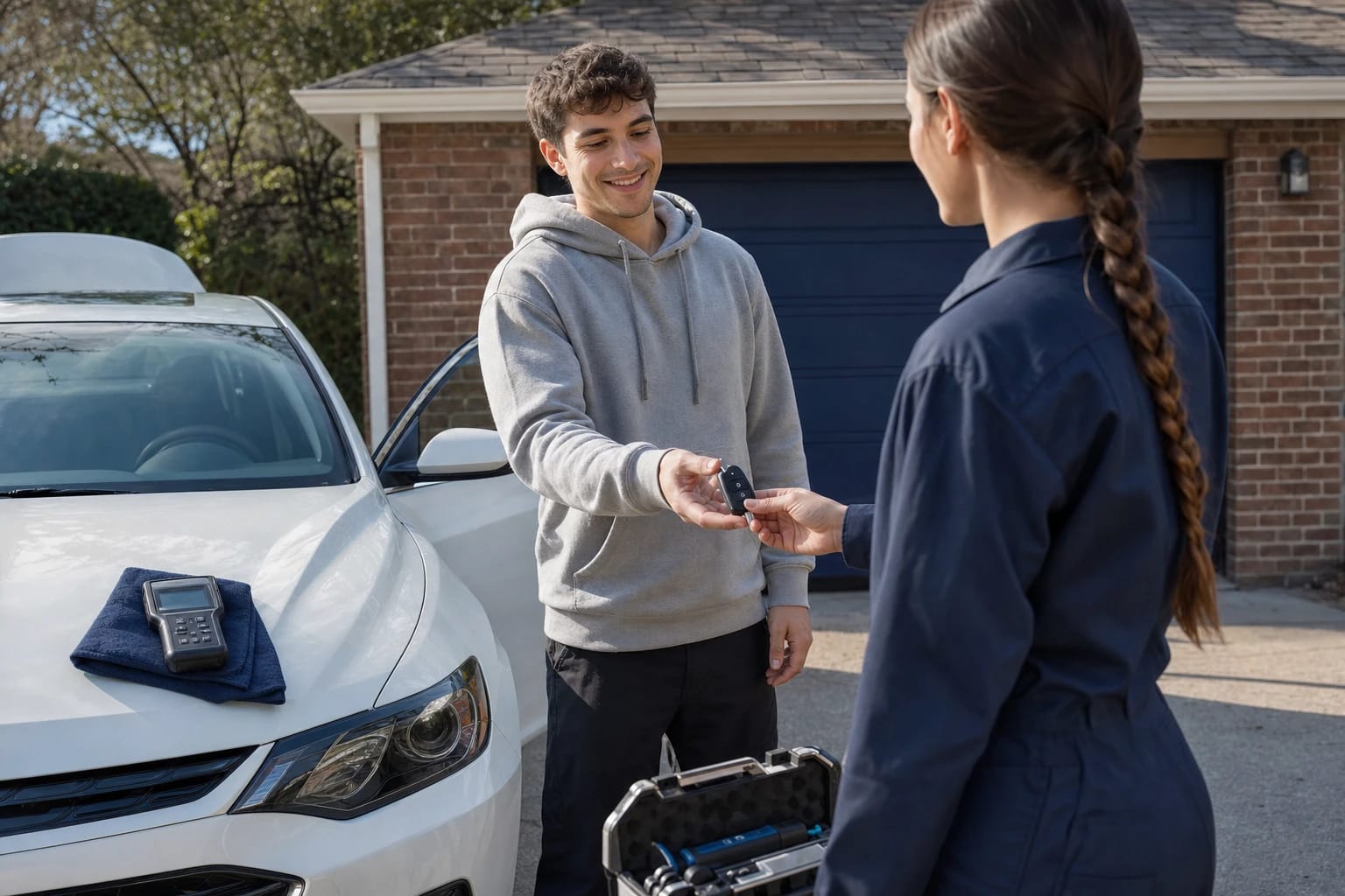 Locksmith hands a new car key fob to a smiling driver beside a white sedan with a programming tool on the hood