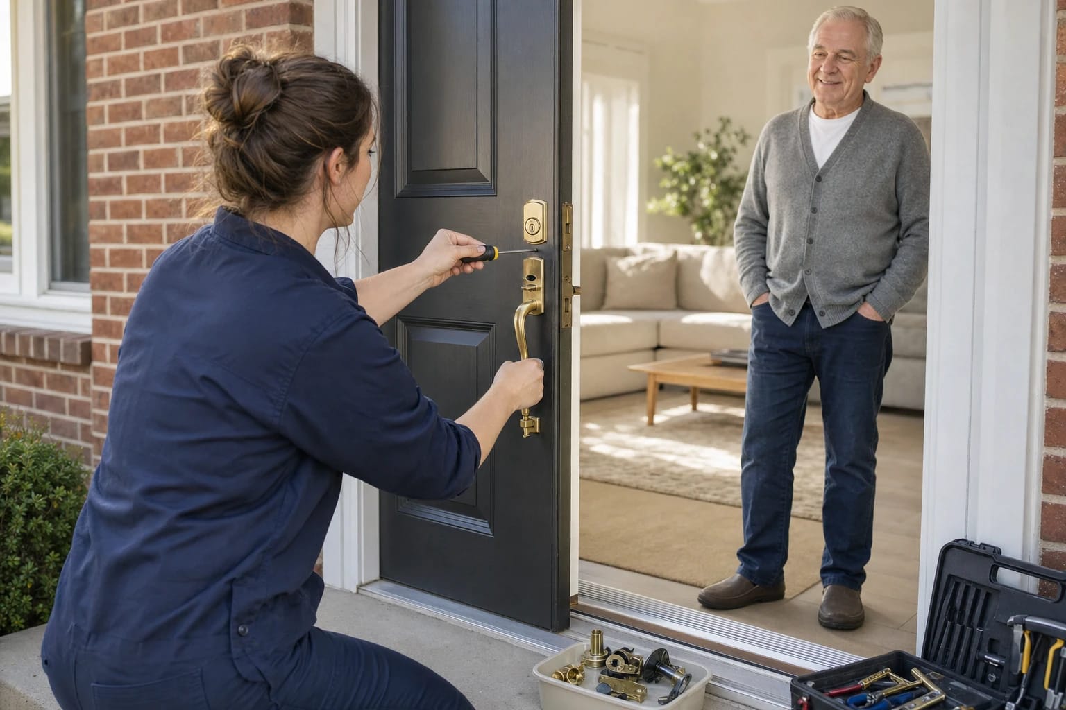 Locksmith tightening a brass deadbolt and handleset on a black front door while an older homeowner looks on