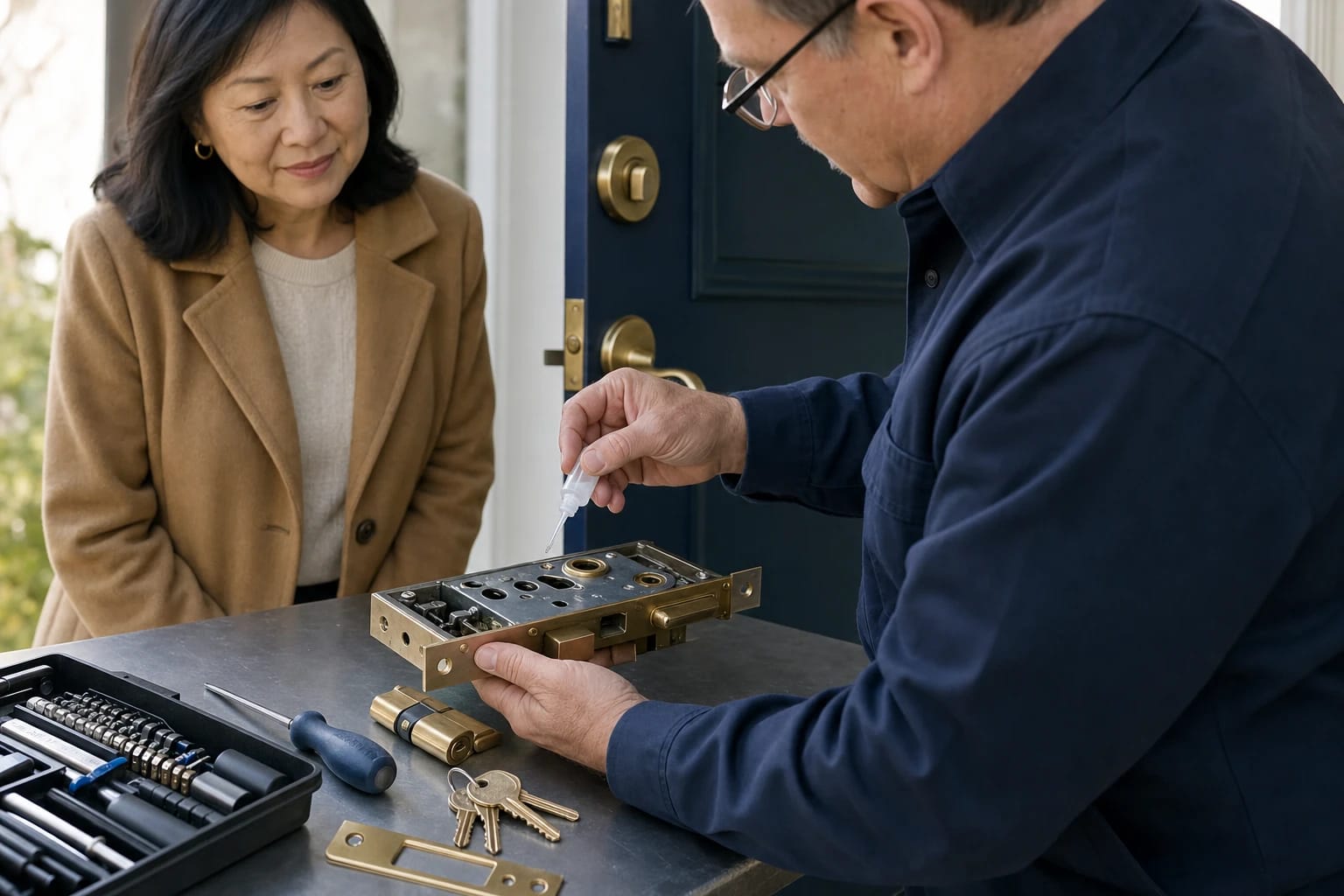 Locksmith oils a brass mortise lock body on a table with a cylinder, keys and strike plate as a homeowner watches