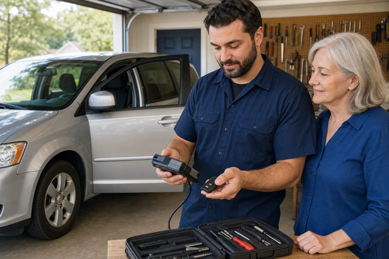 Technician showing a key fob and programming tool to a homeowner in a garage beside a silver minivan