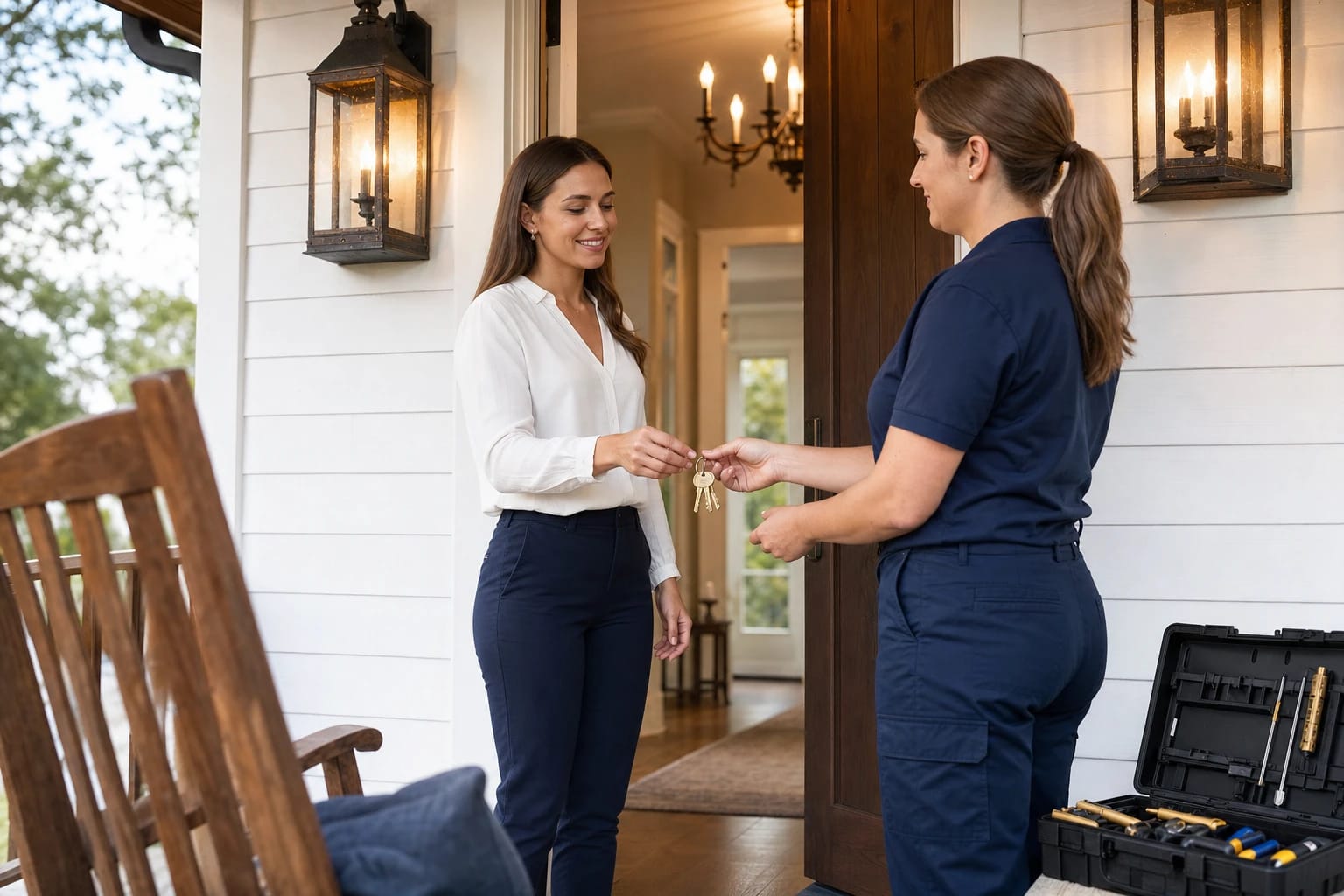 Locksmith hands brass keys to a homeowner on a lantern-lit front porch at dusk
