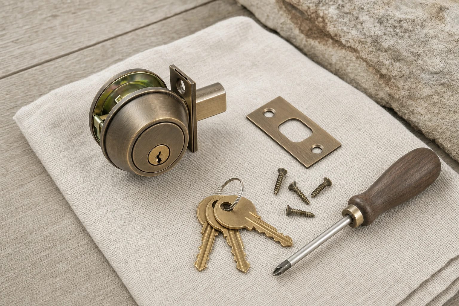 Brass deadbolt, strike plate, keys, screws and a wood-handled screwdriver laid out on a linen cloth