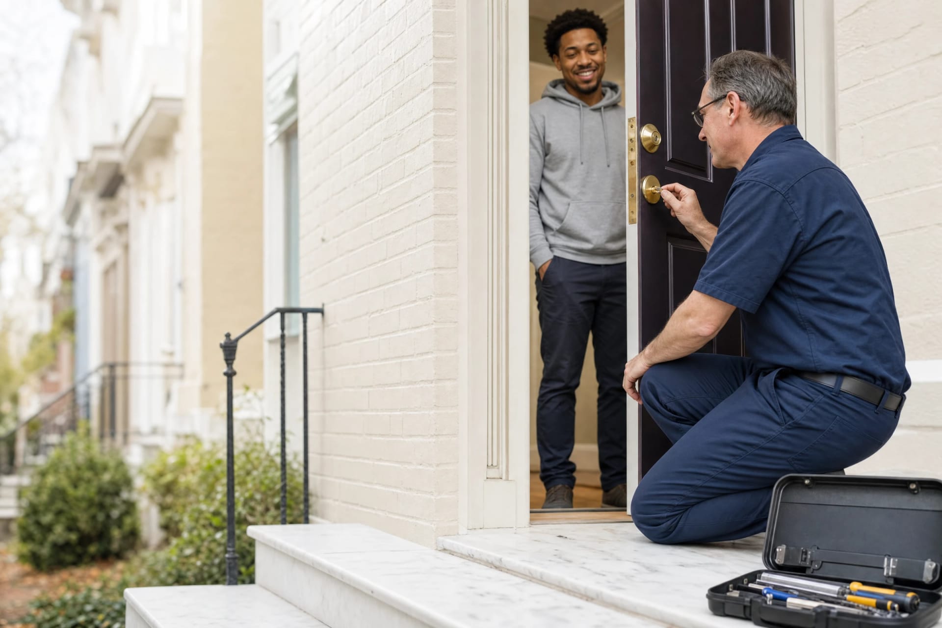 Locksmith kneels on marble steps testing a new brass lock on a dark front door as a smiling homeowner looks on