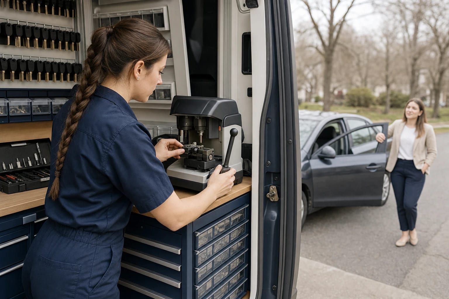 Locksmith cuts a car key on a machine inside a service van as the car owner waits by her open sedan door