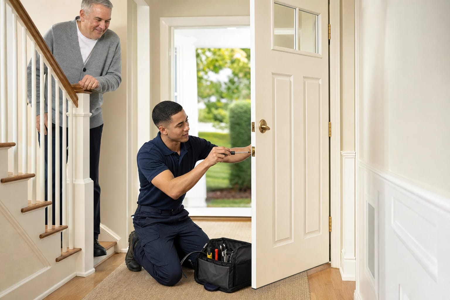 Kneeling locksmith tightens a latch plate on an open front door as a smiling homeowner watches from the stairs