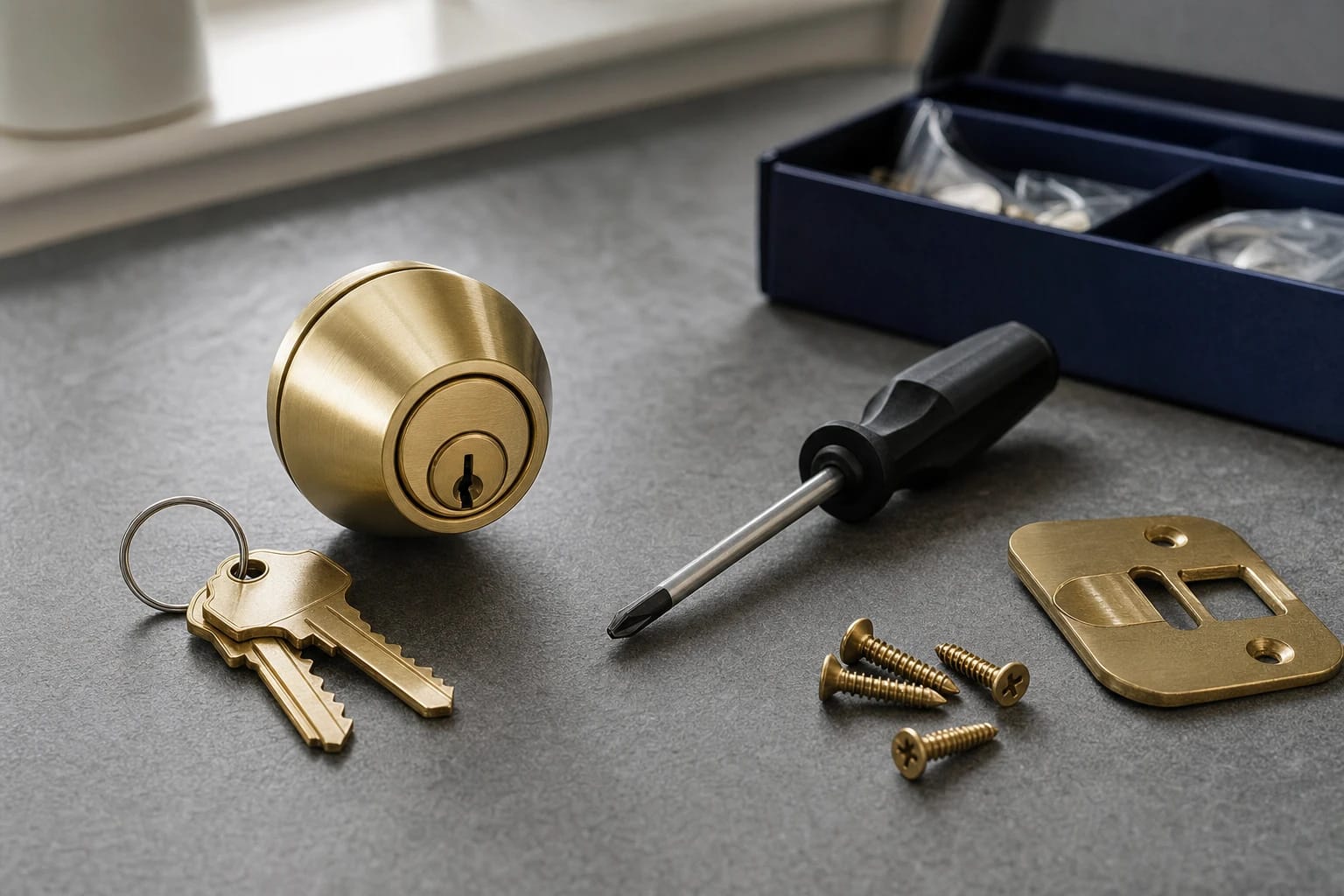 Brass deadbolt, keys, screwdriver, screws and strike plate on a gray countertop beside a hardware box