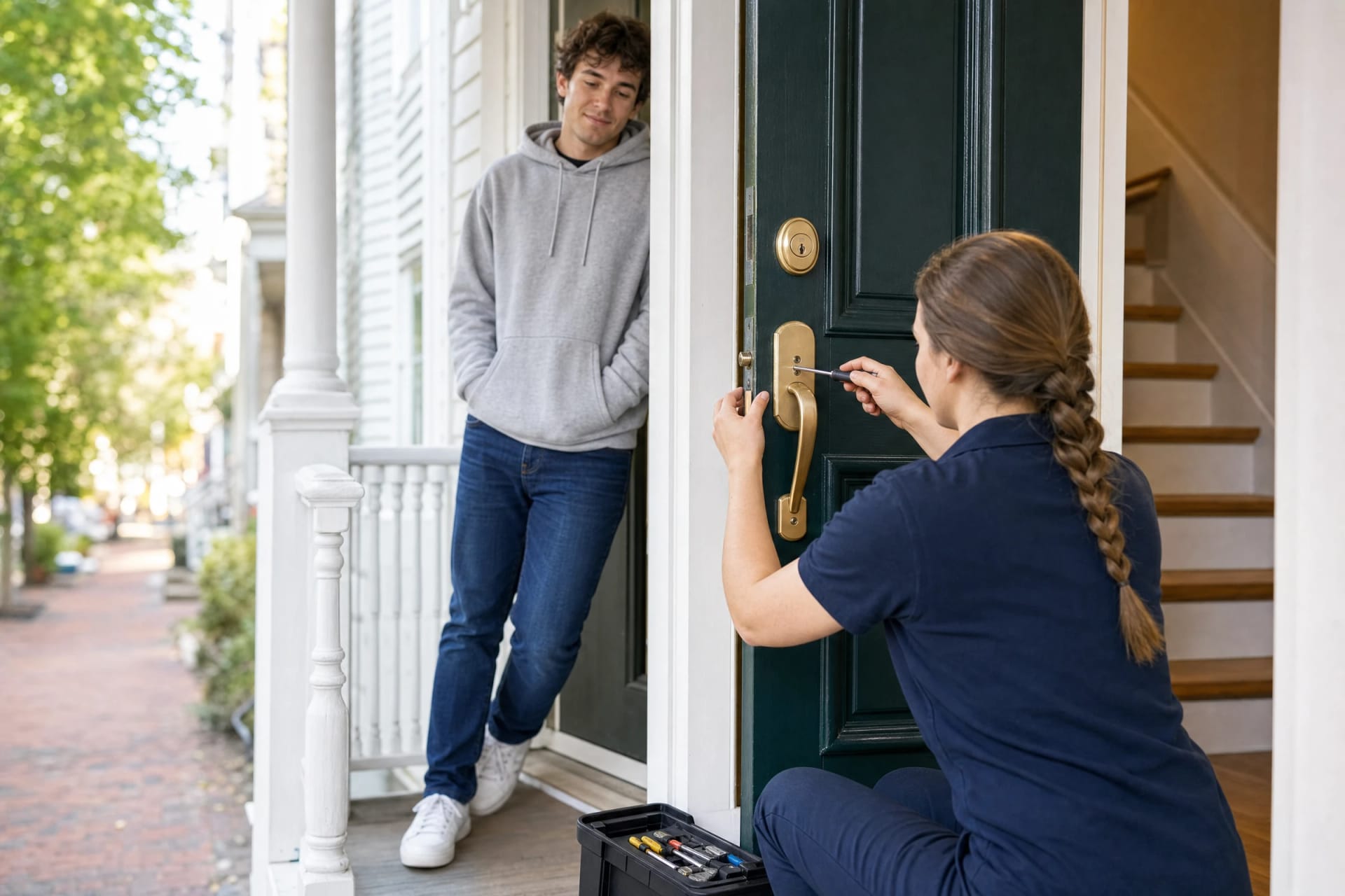 Locksmith tightening a brass handleset on a dark green front door as a young man in a gray hoodie watches