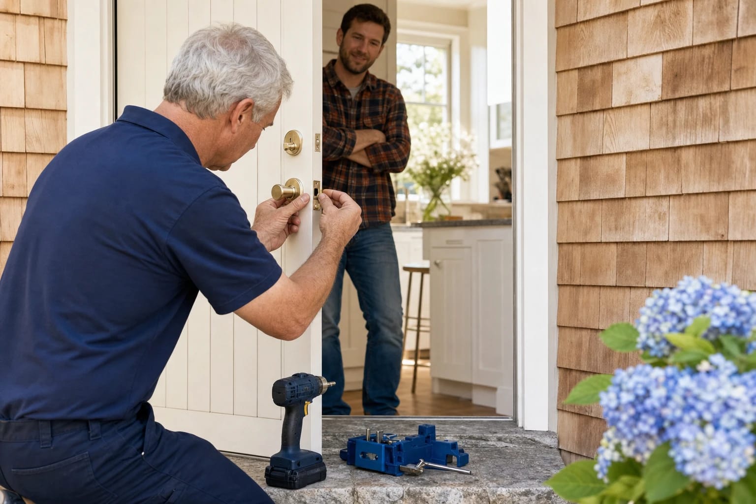 Locksmith installing a brass knob and latch on a white door of a shingled house as a man in plaid watches