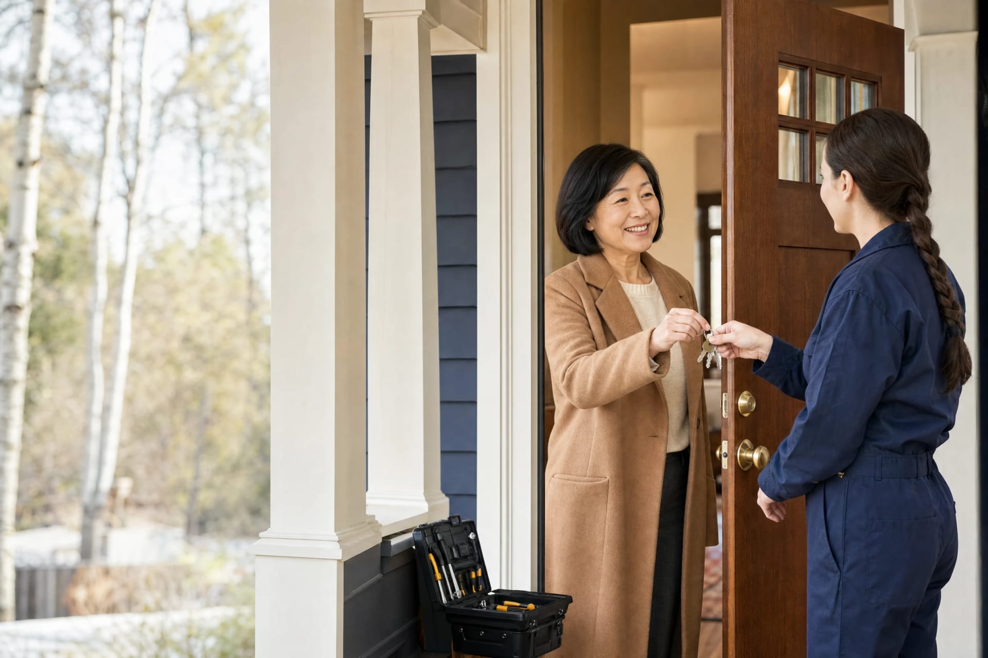 Locksmith and homeowner exchange a ring of brass keys at an open wooden front door