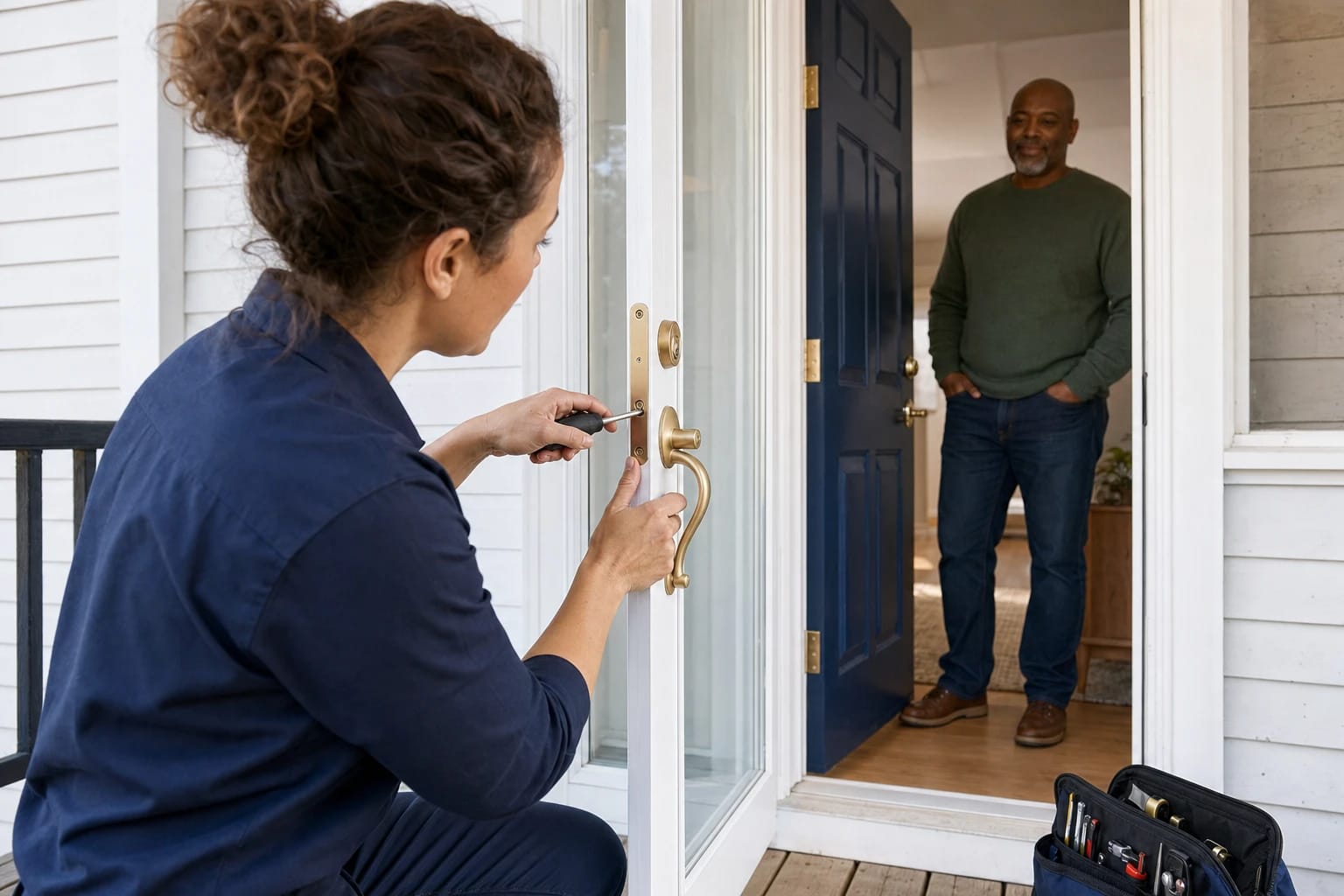 Locksmith fastening a brass handleset on a white storm door as a homeowner watches from the open entry
