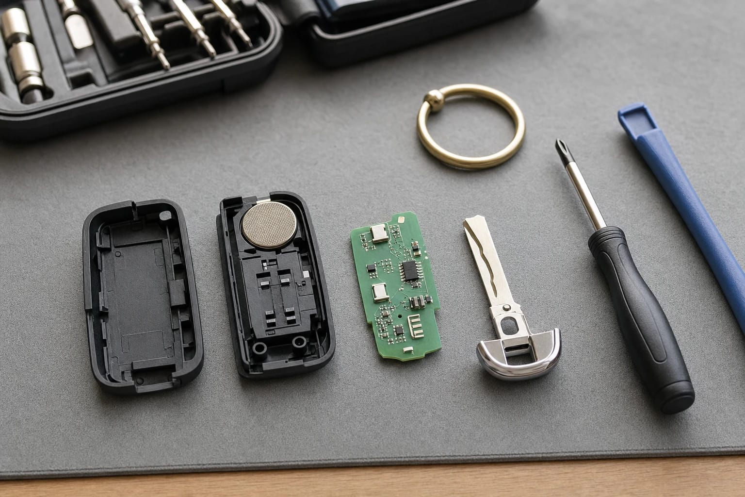 Disassembled car key fob with battery, circuit board and emergency key blade laid out beside small tools on a gray mat
