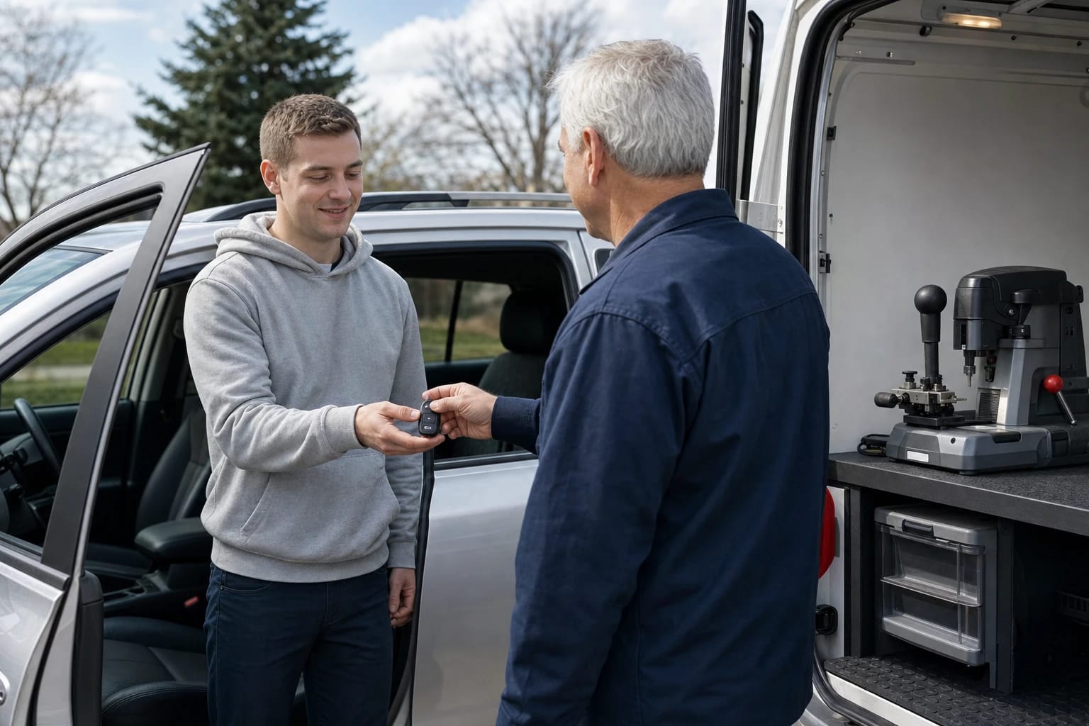 Locksmith handing a key fob to a young man beside a silver SUV, with a key-cutting machine in the service van
