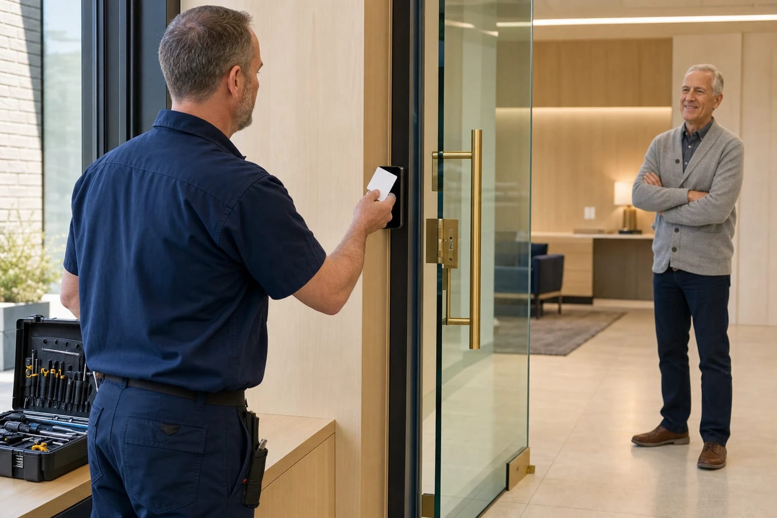Locksmith tests a card reader beside a glass office door while a business owner looks on