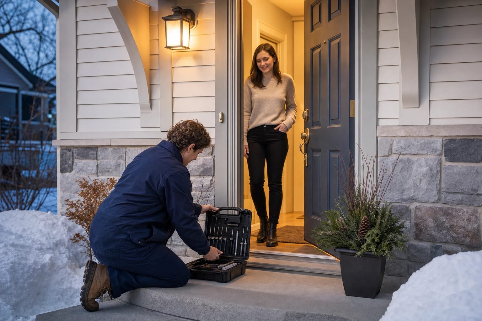 Locksmith kneeling by an open tool case on a snowy porch at dusk as a homeowner steps to the door