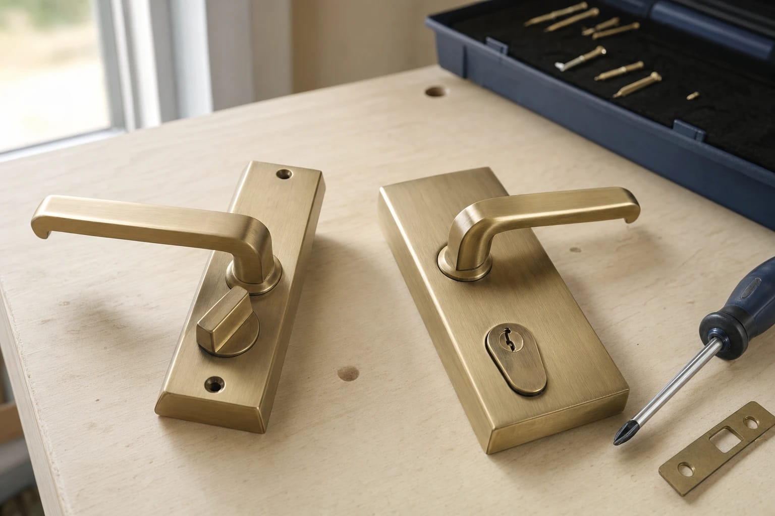 Two brushed brass lever handle plates on a workbench beside a screwdriver, strike plate and screw case