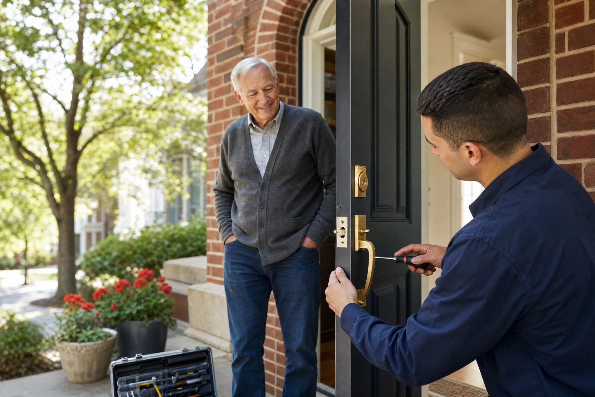 Locksmith fitting a brass handleset on a black front door of a red brick home as an older homeowner watches