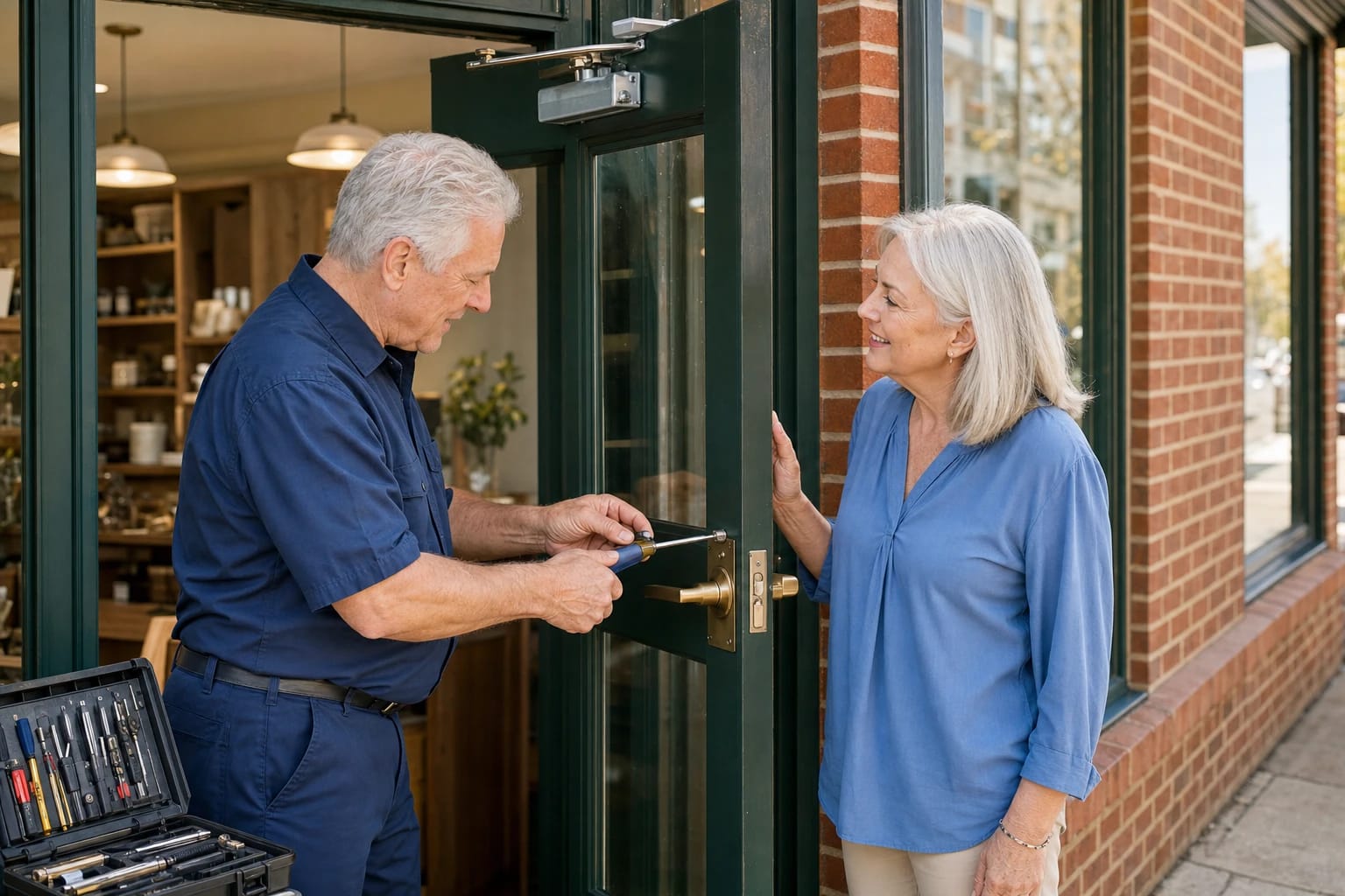 Locksmith tightening brass lever hardware on a green storefront door while a shop owner holds it open