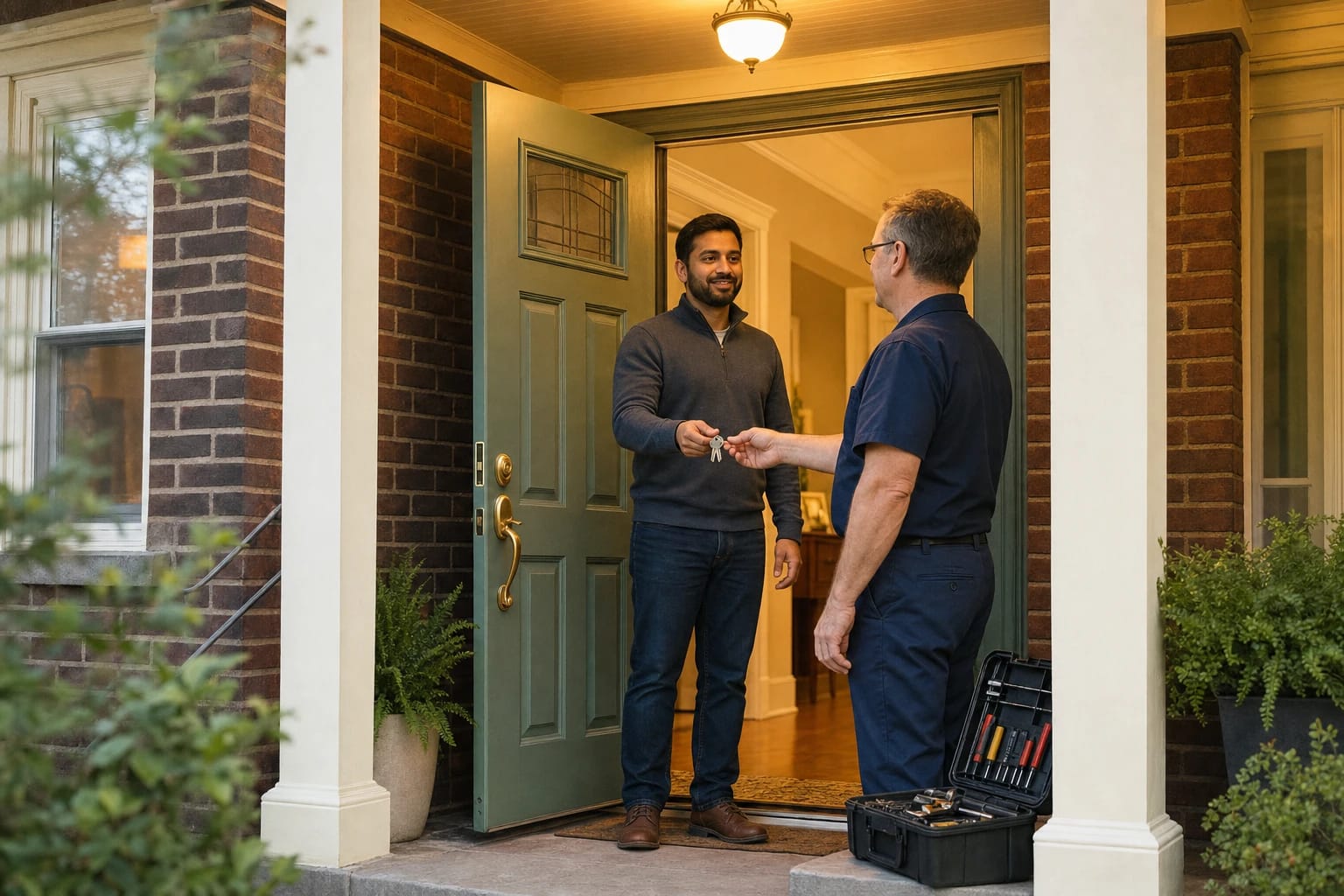 At dusk, a homeowner in his lit doorway hands keys to a locksmith, open toolbox on the porch