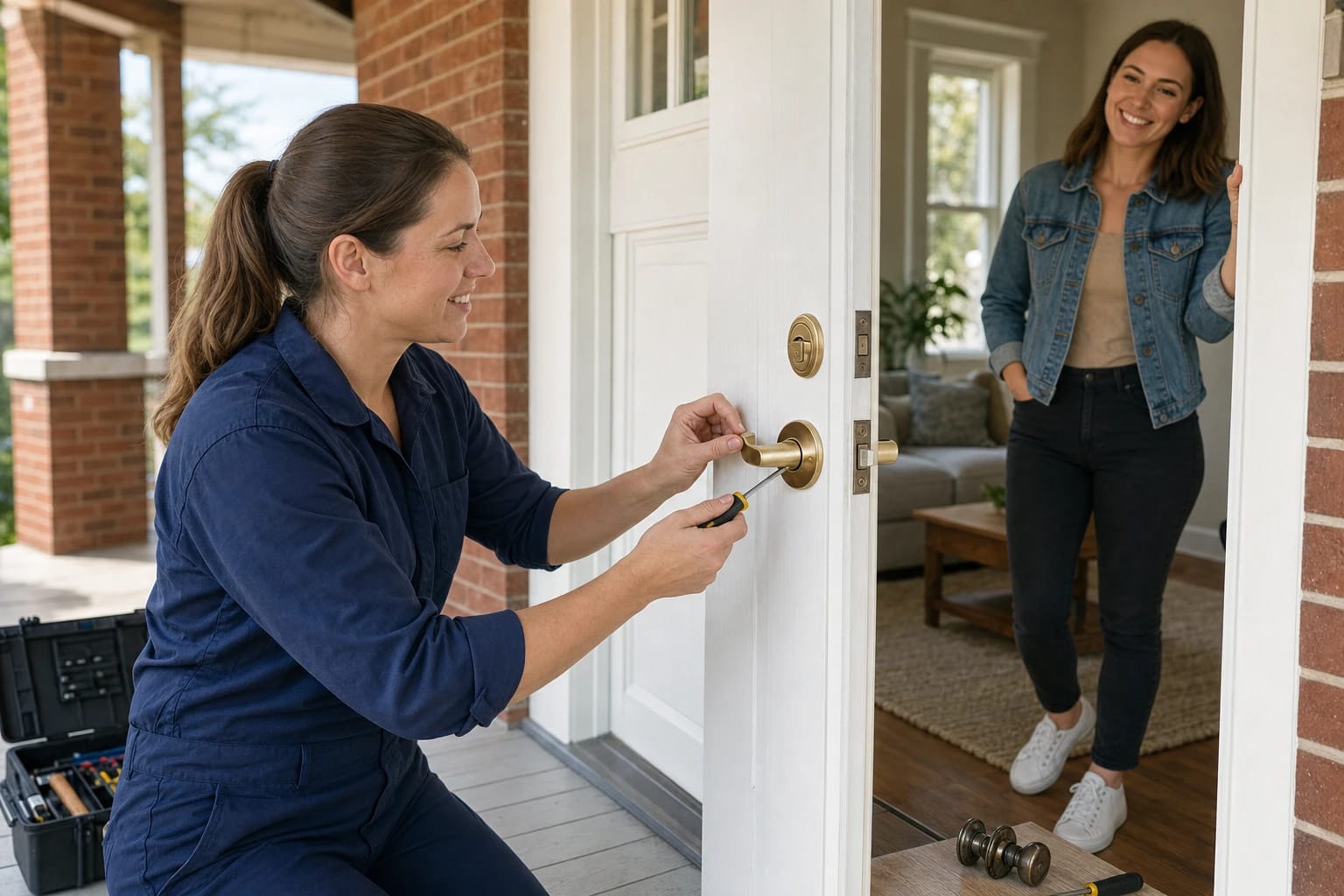 Locksmith installing a brass lever handle on a white front door while a smiling homeowner stands inside