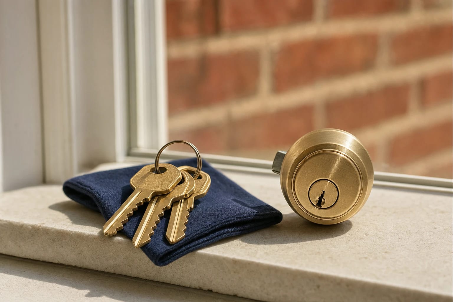 Brass house keys on a folded navy cloth beside a brass deadbolt on a sunlit stone windowsill