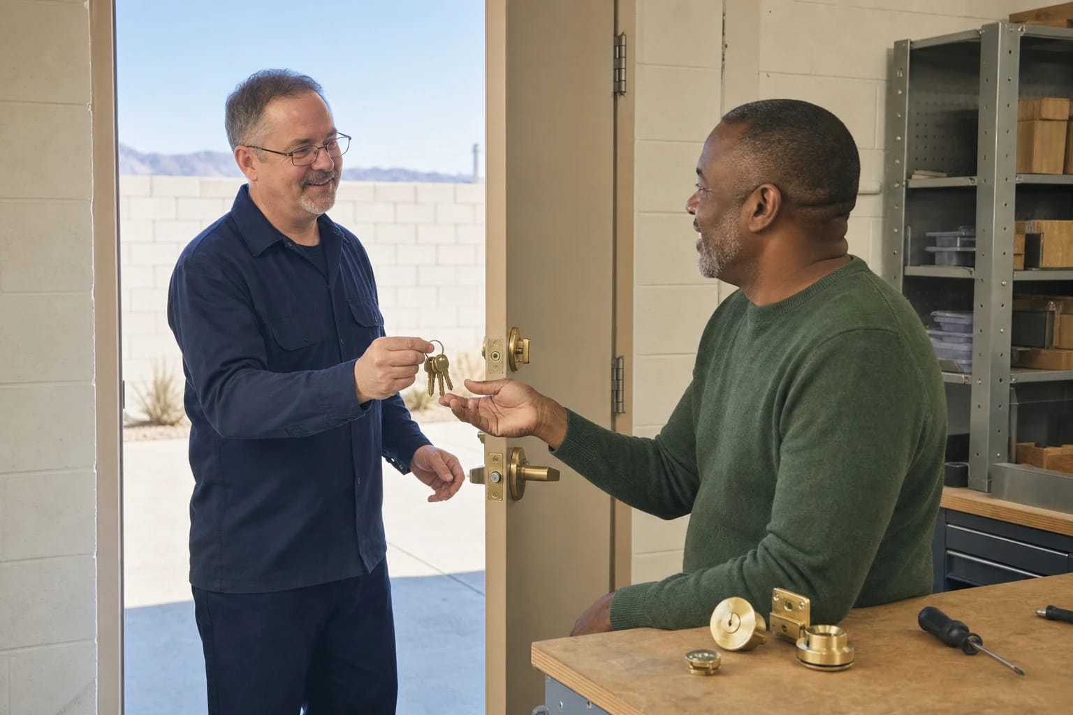 Locksmith hands new brass keys to a customer at a workshop door fitted with a brass lever and deadbolt