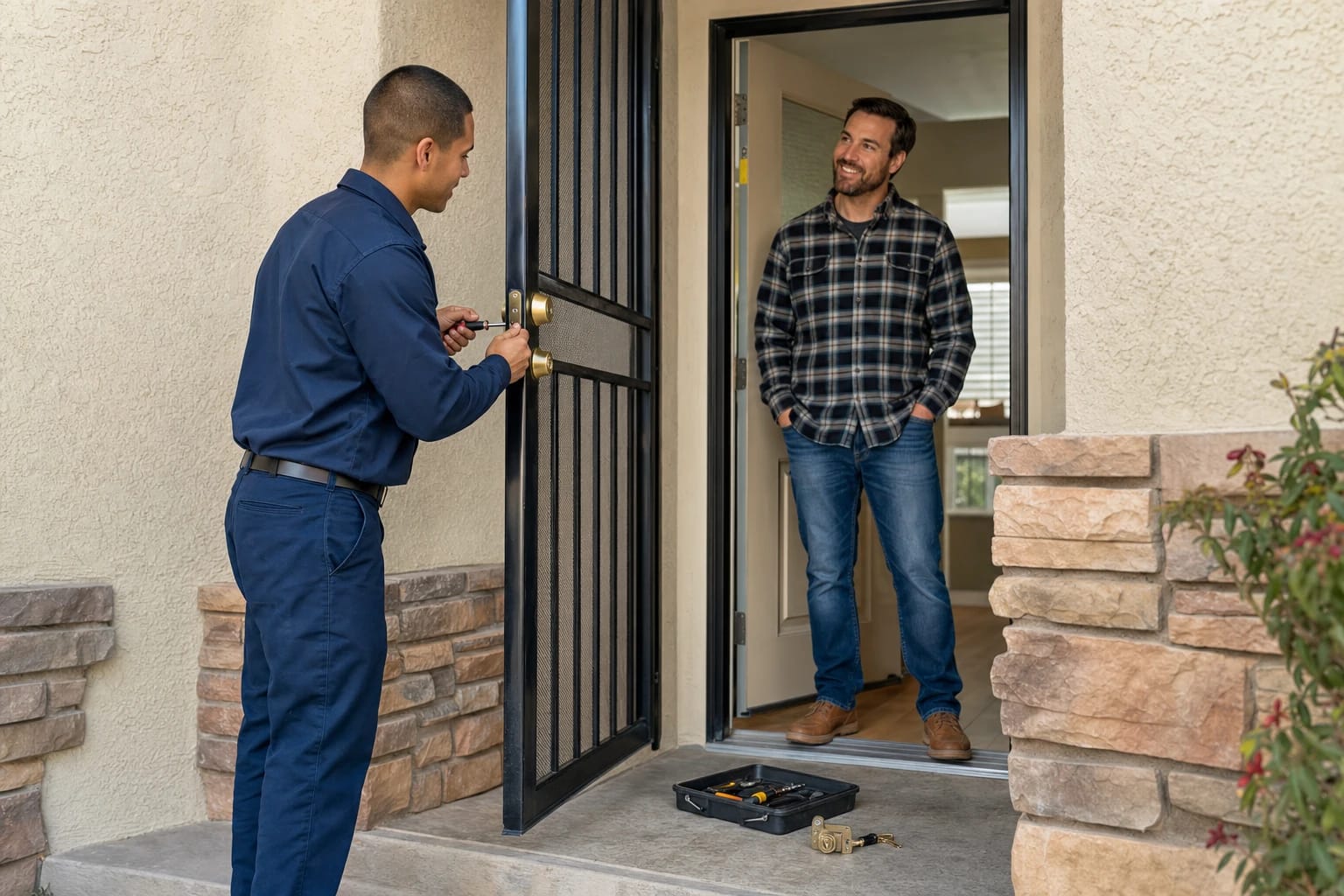 Locksmith servicing the deadbolts on a black security screen door at a stucco home as the homeowner smiles