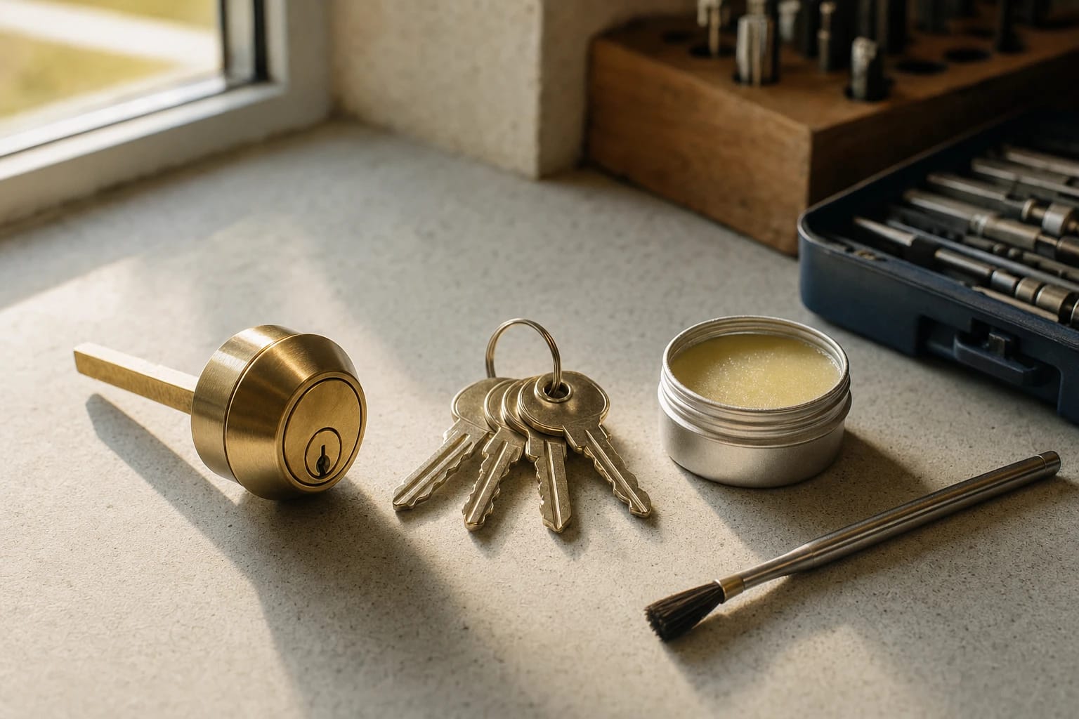 Brass deadbolt cylinder, four brass keys, a tin of lubricant and a small brush on a sunlit stone counter