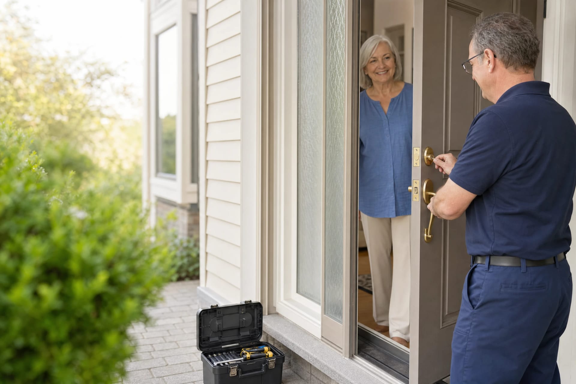 Locksmith turns a key in a brass deadbolt on a front door as a smiling homeowner stands inside
