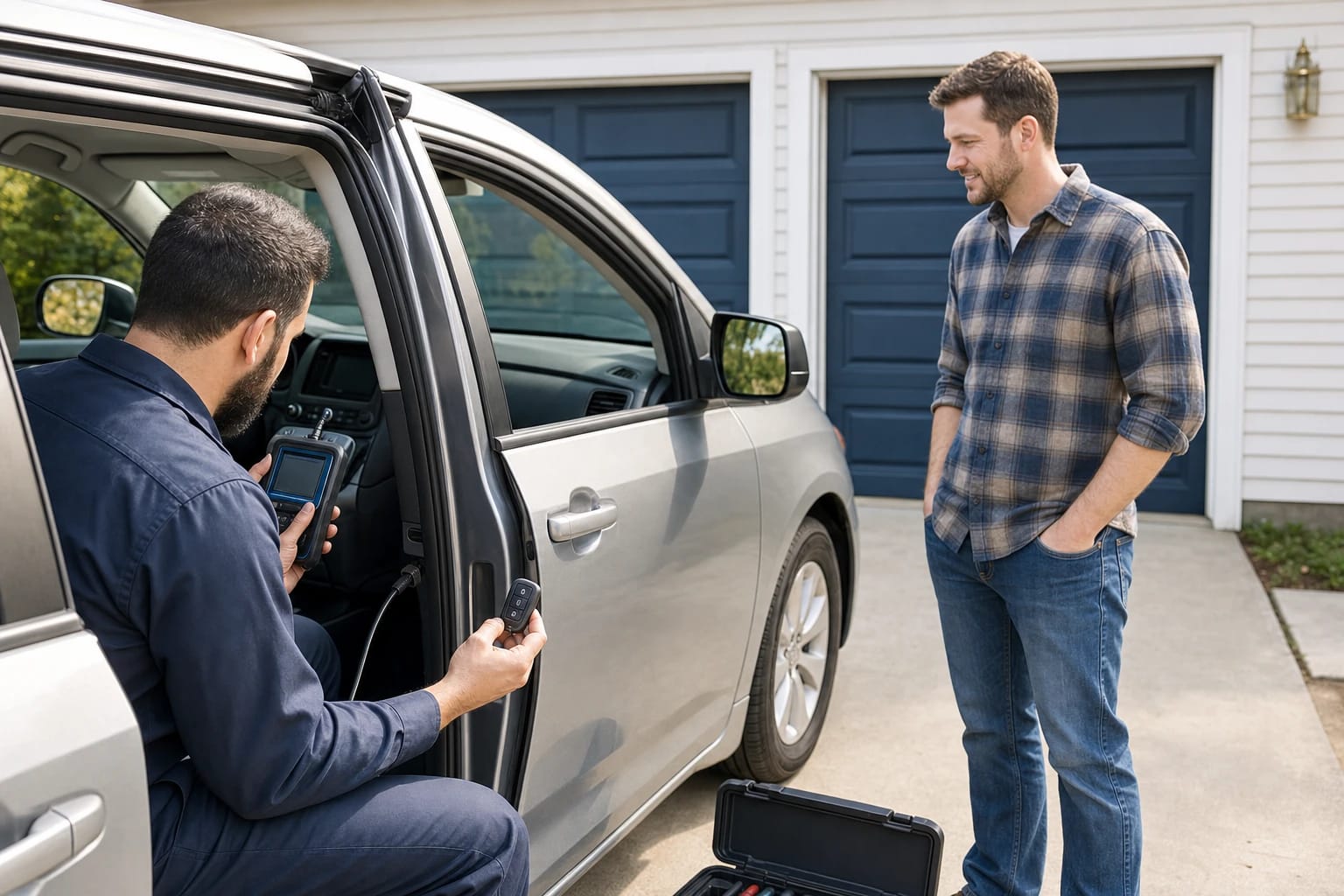 Technician programming a key fob with a handheld tool in a silver minivan while the owner watches from the driveway