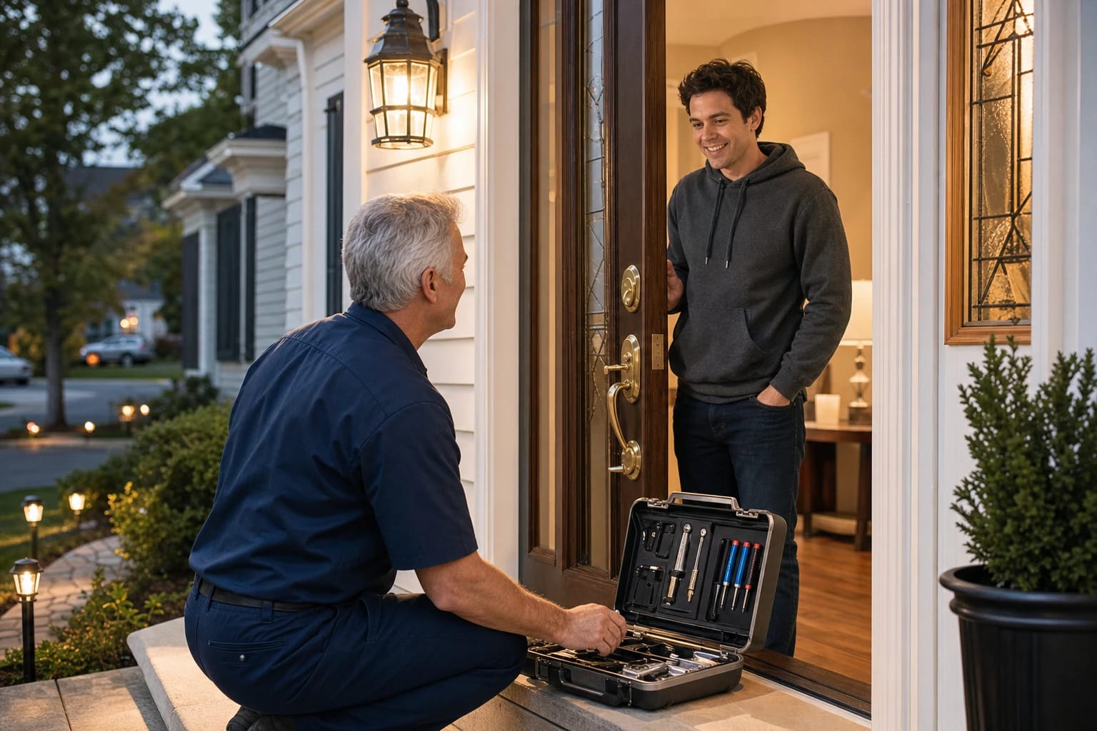 Locksmith kneeling beside an open tool case at a lit front porch at dusk, greeting a smiling homeowner in the doorway