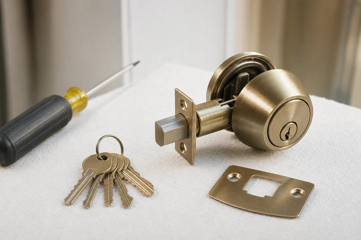 Brass deadbolt, strike plate, ring of keys and a screwdriver laid out on a white towel