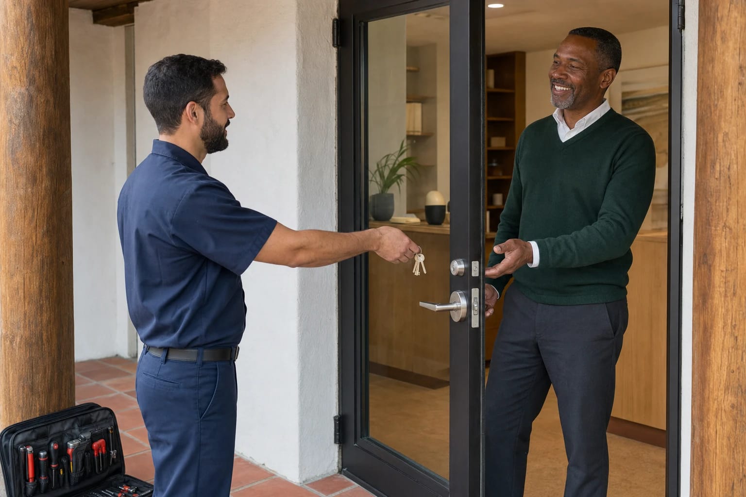 Locksmith technician handing keys to a smiling man at a glass office door with a lever handle and deadbolt