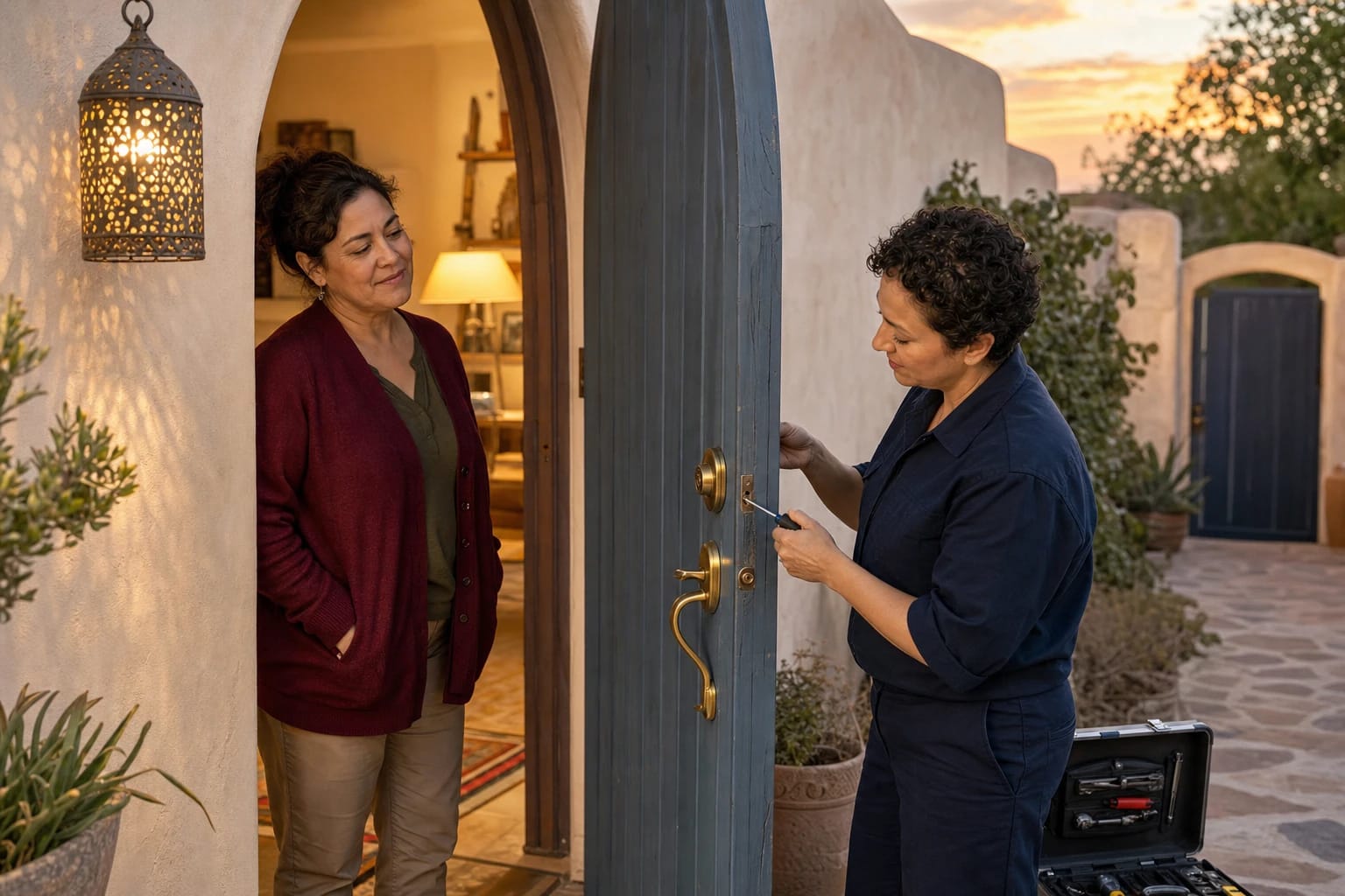 Locksmith adjusts a door latch plate at dusk outside an adobe home as the homeowner waits in the arched doorway